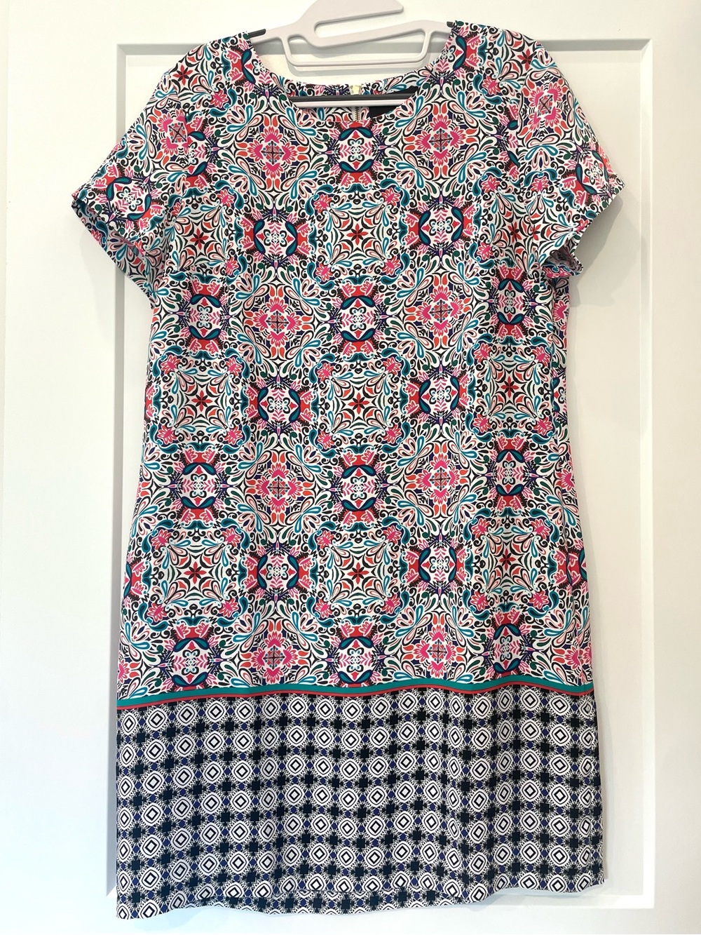 Cynthia Rowley Pink, Teal & Navy Geometric Tile-Print Midi Shift Dress 8